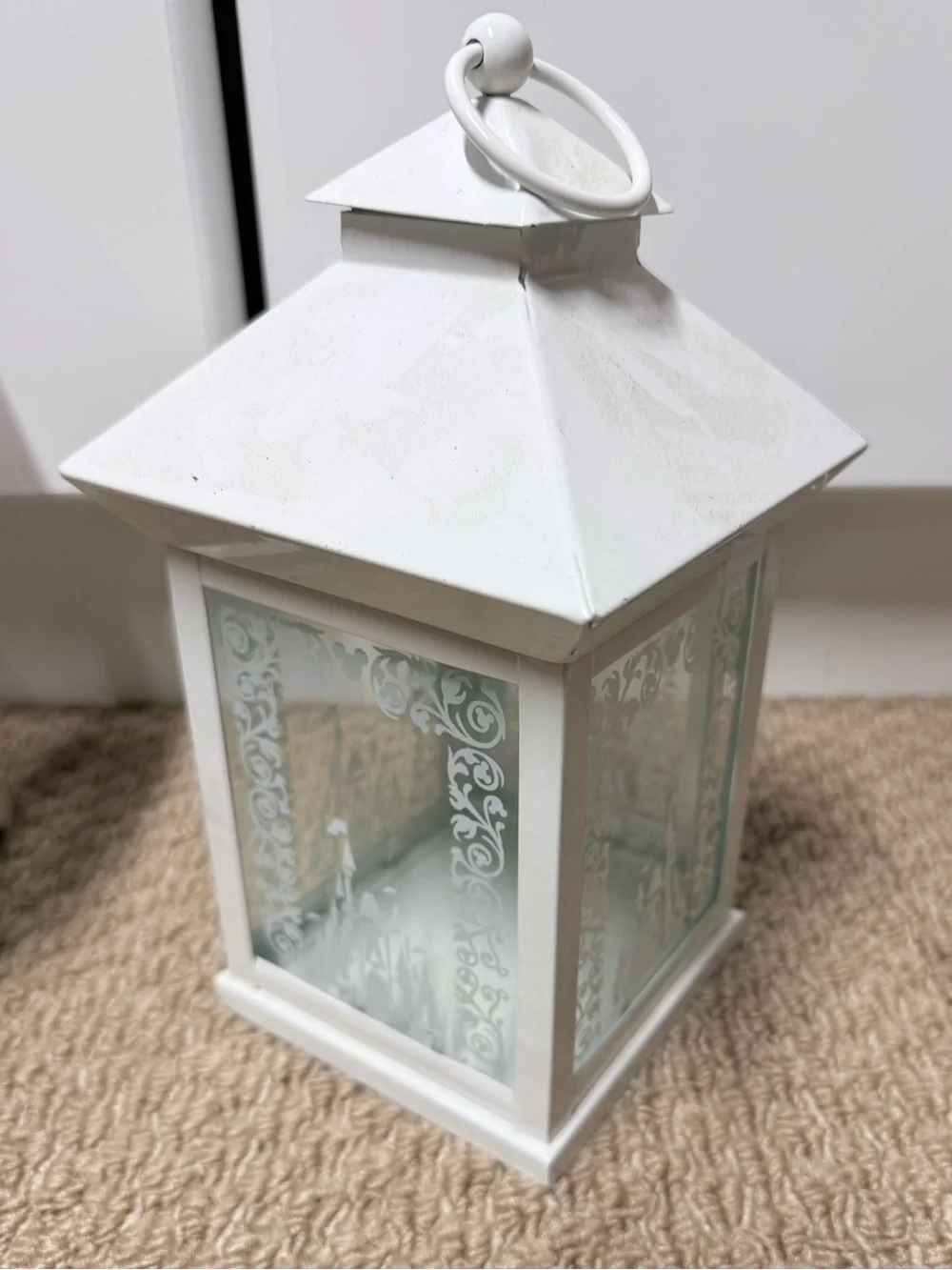 Disney White Metal Lantern with Etched Glass Panels